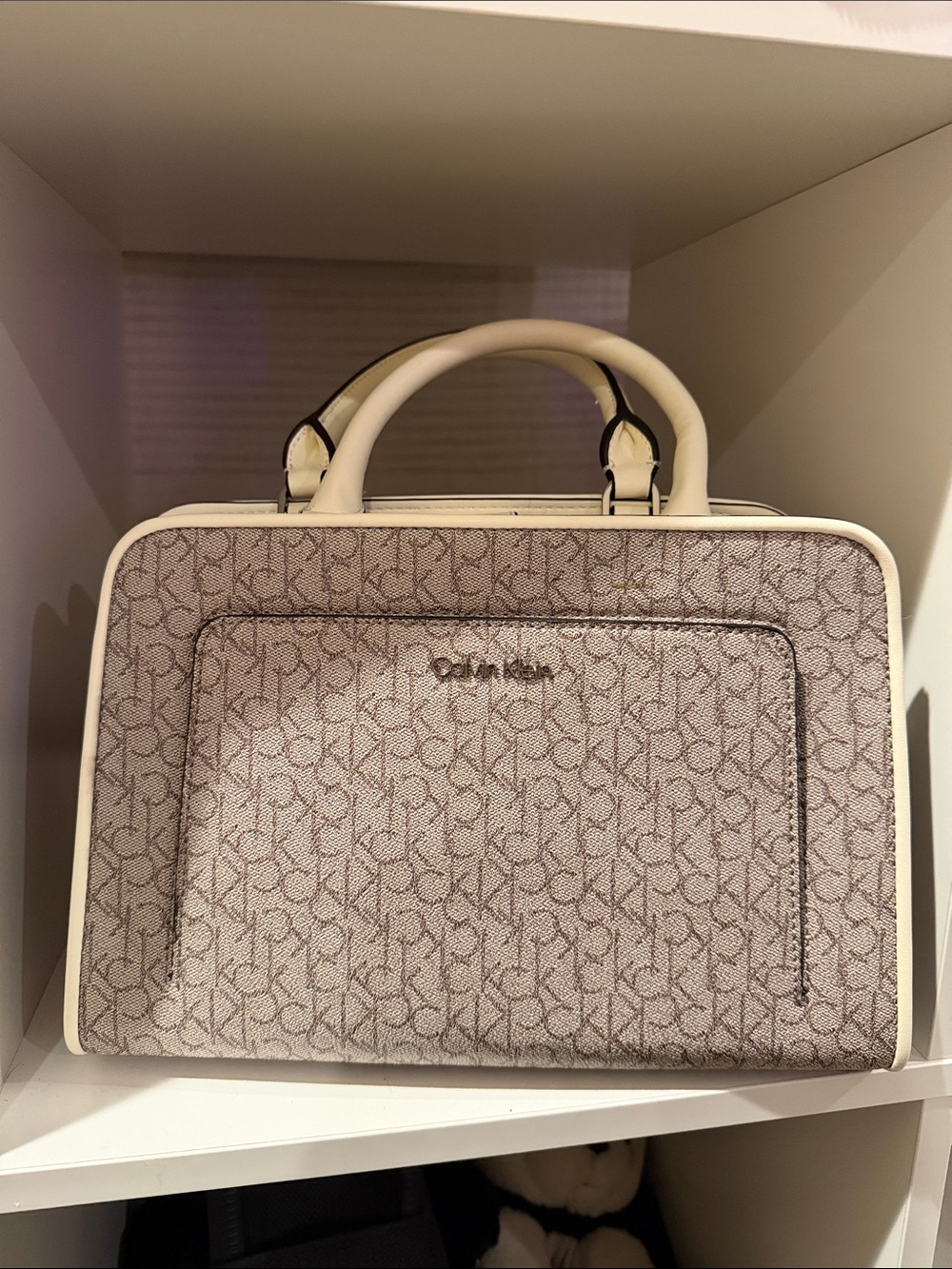 Calvin Klein Cream and Beige Monogram Top-Handle Satchel